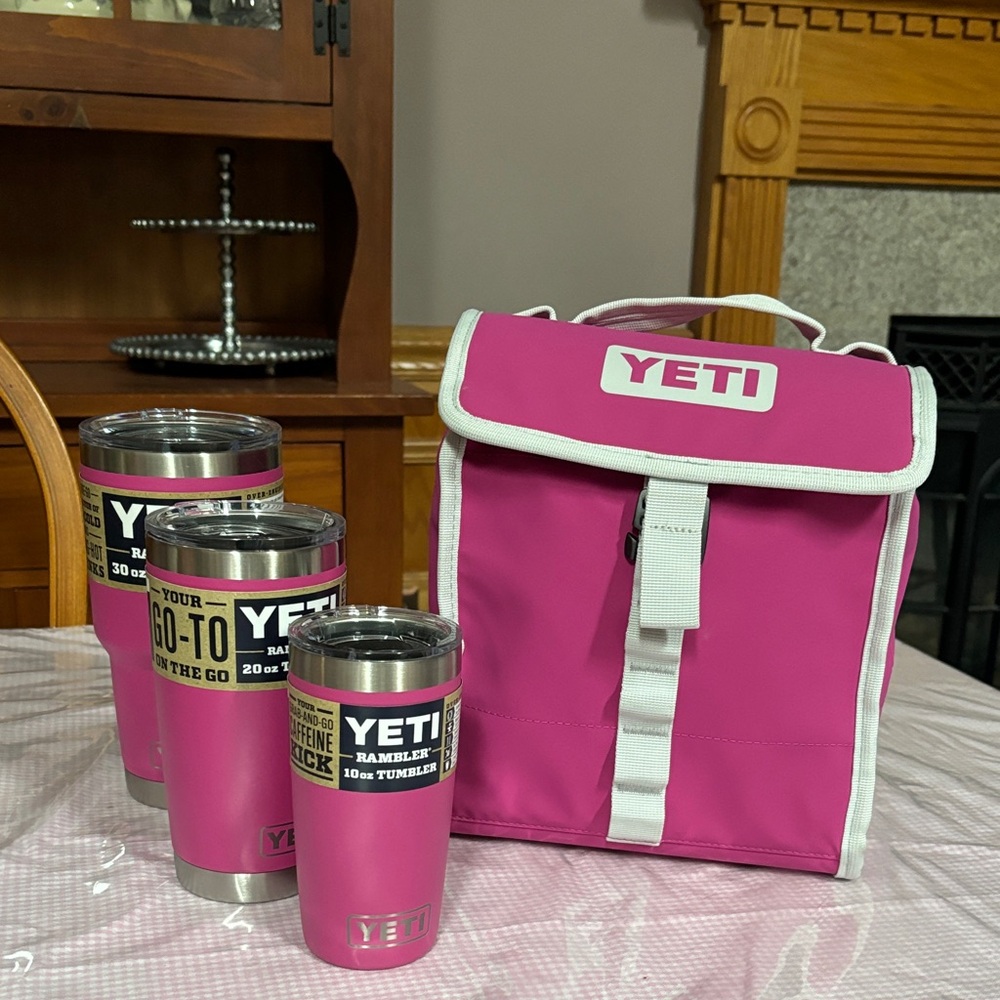 Yeti prickly pear, day trip lunch  Bag with Matching Pink Rambler Tumblers Set